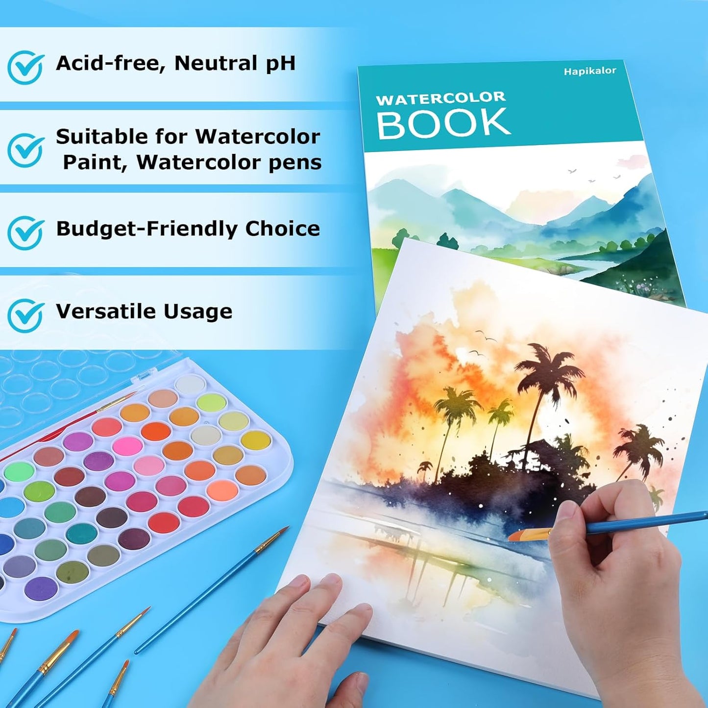 Hapikalor 8.5"x11" Watercolor Paper Pad, 1-Pack, 140lb/300gsm Artist Painting Drawing Paper Book, Art Supplies for Adults Kids, Watercolors, Watercolor Paint Set, Sketchbook, Journal, Teal