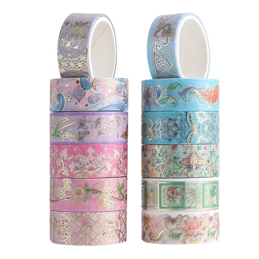 12 Rolls Floral Washi Tape Set, Gold Foil Flower Washi Tape, Botanical Washi Tape for Scrapbooking, Bullet Journal, Planner, DIY Crafts, Gift Wrapping
