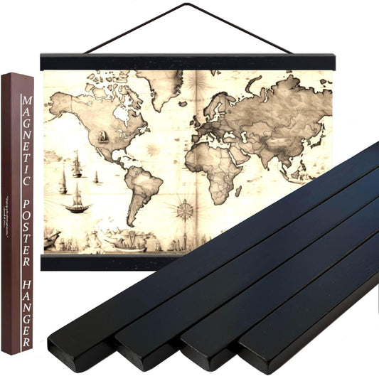 DACRI HOME 54" Magnetic Poster Hanger Frame - Sturdy Teak Wood Poster Frame 54x30 54x36 54x38, Strong Magnets for Easy Hanging Map Picture Canvas Print Scroll Wall Art (54 Inch, Black)
