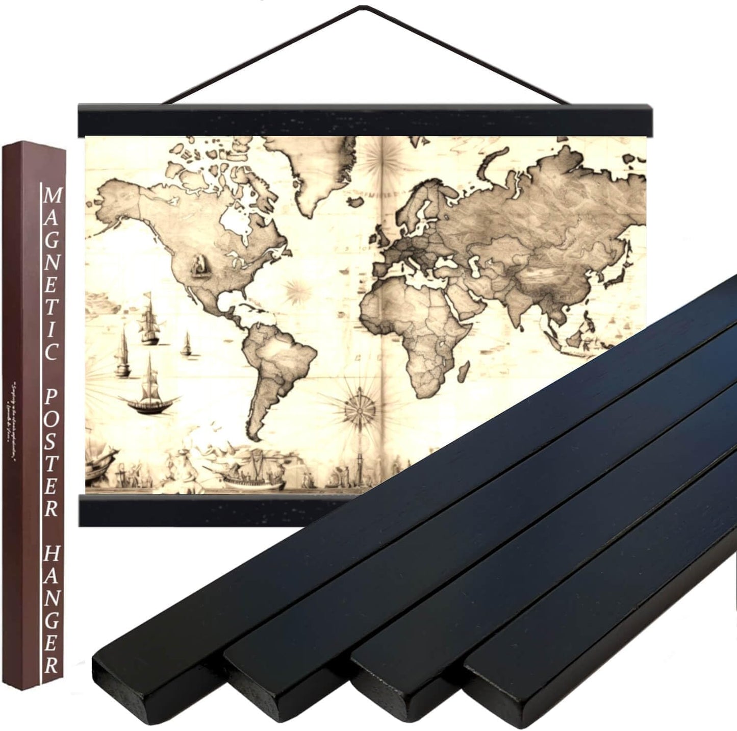 DACRI HOME 62" Magnetic Poster Hanger Frame - Sturdy Teak Wood Poster Frame, Strong Magnets for Safe Hanging Map Picture Print Scroll Wall Art 62x24 62x36 62x42 (62 Inch, Black)