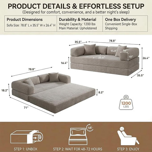 78" 4-in-1 Convertible Sofa Bed, Boneless Corduroy Sleeper Couch - Image 2