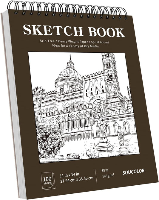 Soucolor 11" x 14" Large Sketchbook, 100 Sheets 68lb/100gsm Top Spiral Bound Large Sketch Pad, Acid Free Big Sketch Paper for Drawing, Illustration, Art Class Students