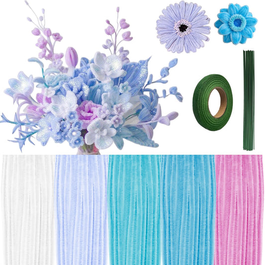 Jolbndcv Pipe Cleaners Flowers Craft Kit,521Pcs Pastel Pipe Cleaners DIY Chenille Stems Makiflower stemsng kit with Flower Stems and Tape
