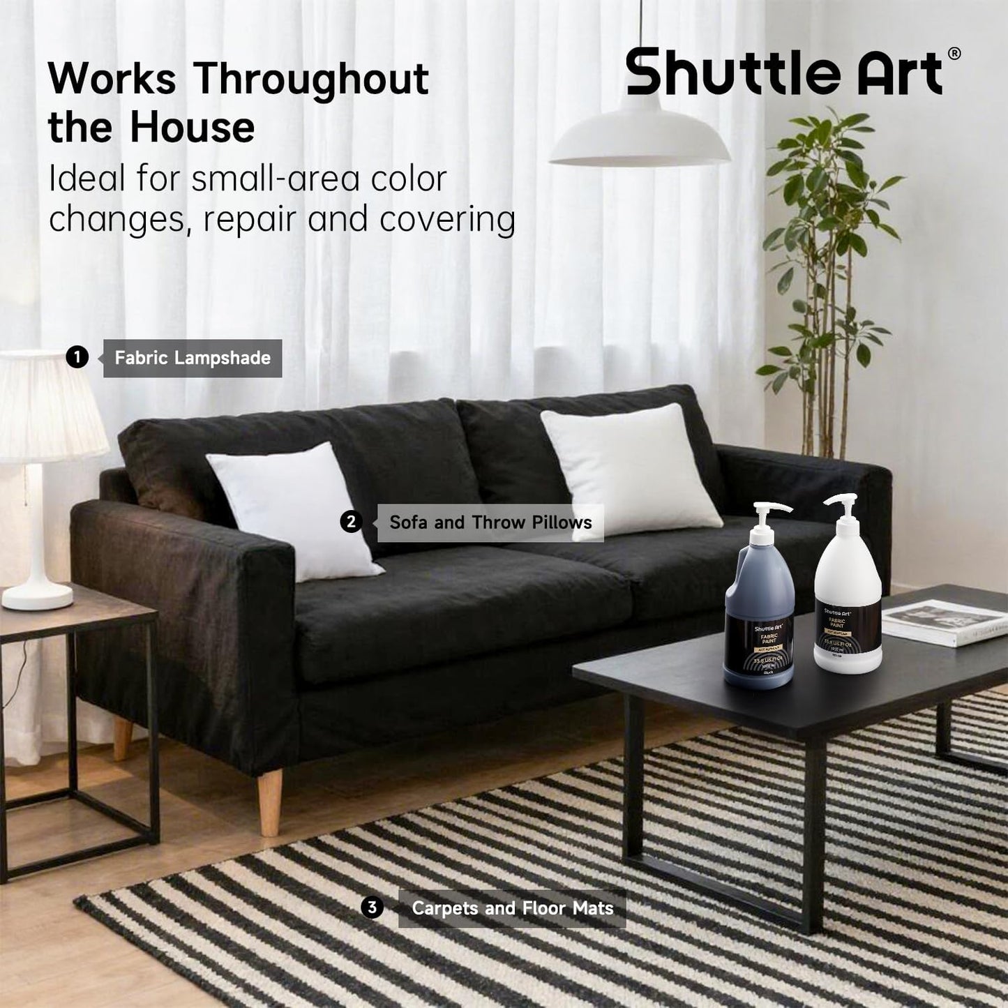 Shuttle Art Black Fabric Paint, 33.8 oz(1000 ml) Large Bottle with Pump, Permanent Fabric Paint for Furniture, Sofa, Cushions, Clothes, Soft Non-Toxic Textile Paint for Color Changing, Renewal & Art Creations