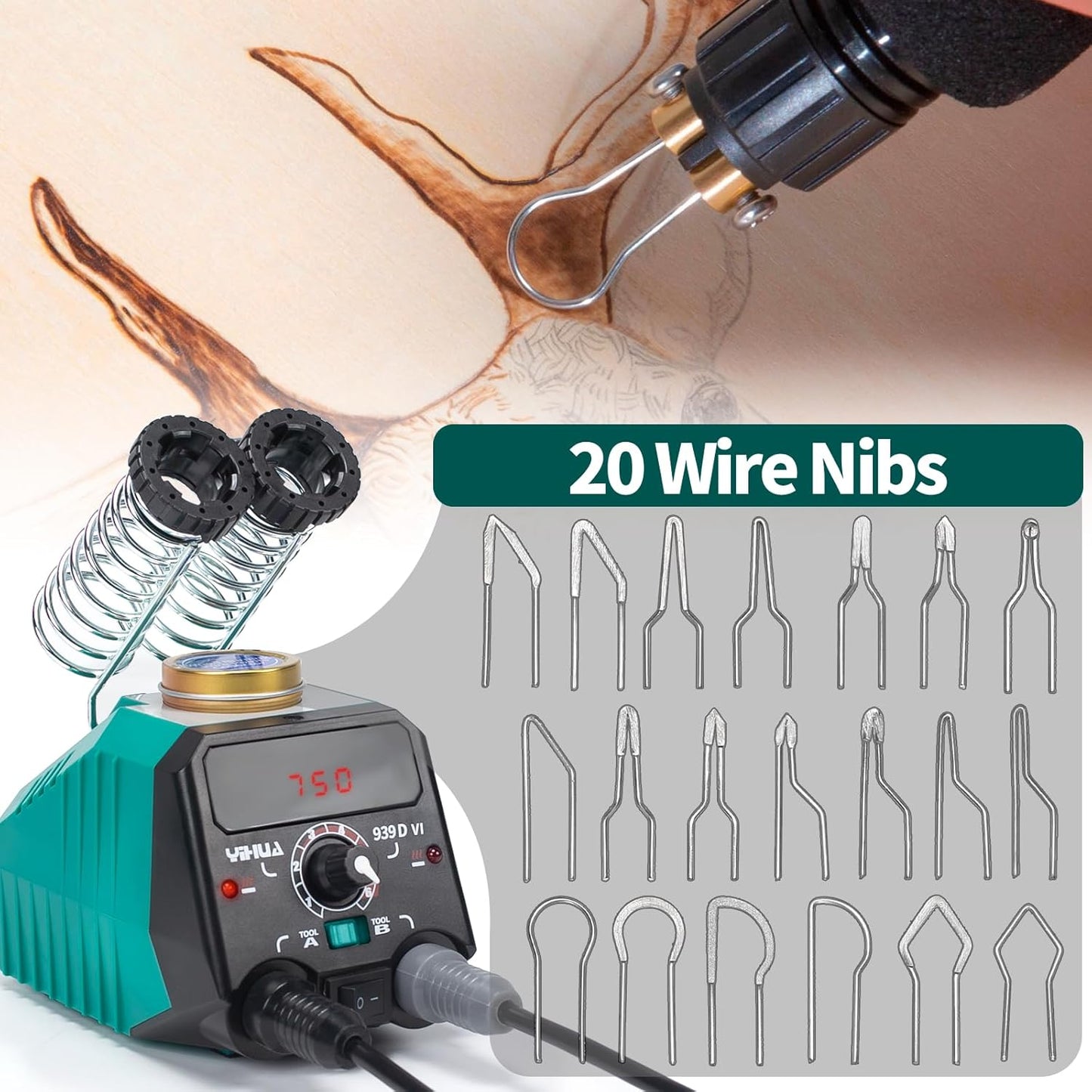 YIHUA 939D-VI Dual Pen Wood Burning Kit with Digital Display with 20 Wire Nibs, Detachable Wood Burning Pen, 2 Wood Pieces, Tweezers Used as Wood Burning Tool