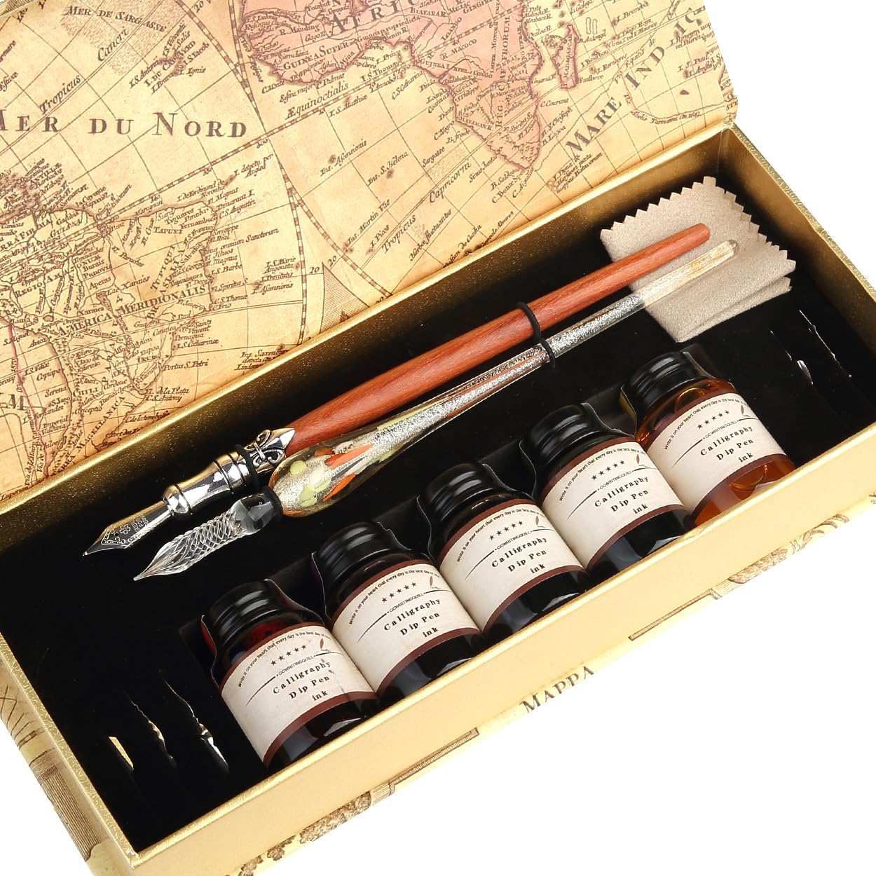 GC QUILL MU-02 Calligraphy Pen Set, Glass Dip Pen and Handcrafted Wooden Dip Pen Gift Set with 5 Colors Calligraphy Ink 6 Nibs, Calligraphy Set for Beginners