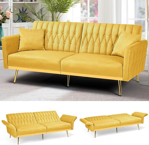 70” Velvet Futon Sofa Bed w/Adjustable Armrests & 2 Pillows, Convertible Futon by ACMEASE