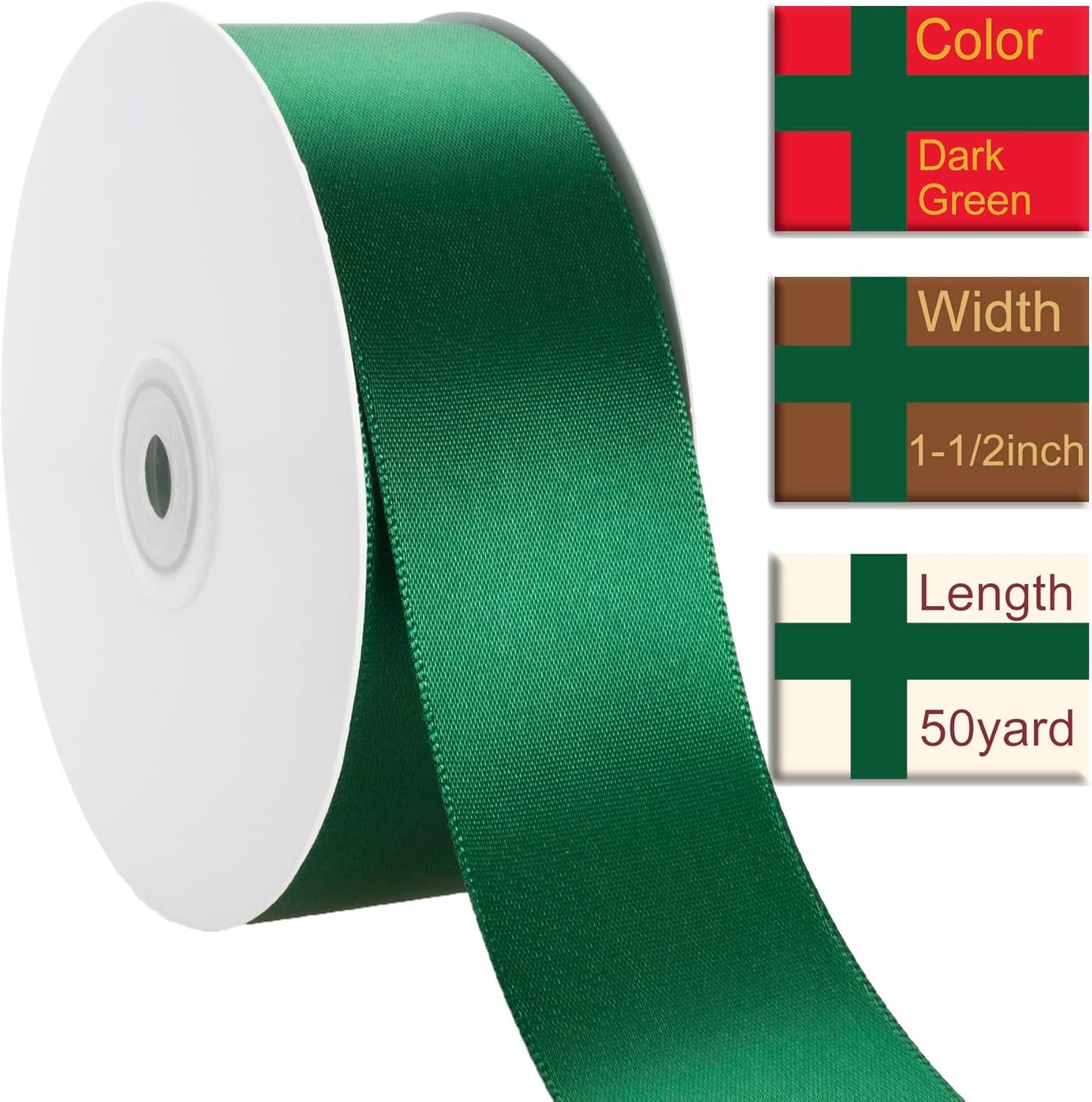 1-1/2 Inch Dark Green Ribbon, 50 Yards Craft Polyester Satin Ribbon Perfect for Gift Wrapping, Handmade Roses, Wedding Party Decorations and DIY Crafts