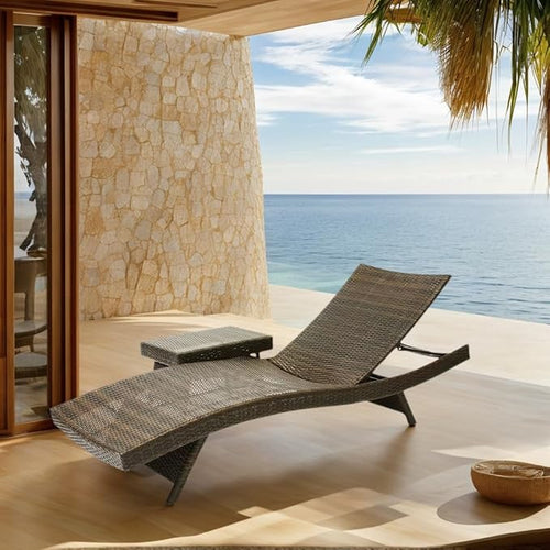 79'' Long Reclining Chaise Lounge + Side Table Set of 2, Outdoor Wicker by Asifom