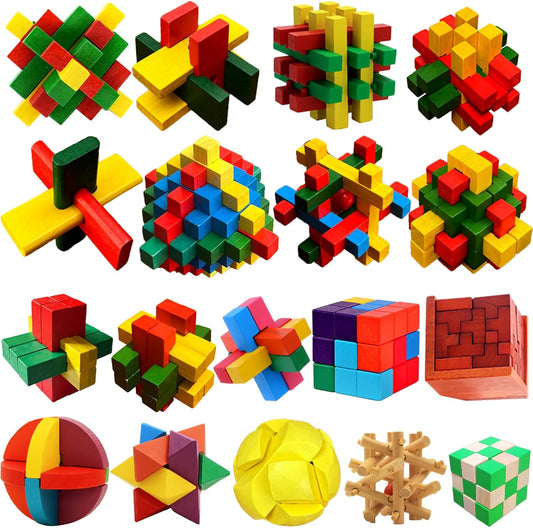 18 Pack Wooden Brain Teaser Puzzles Wooden Burr Puzzles Brain Teaser Puzzle with Gift Packing Box Magic Puzzle Games Toys for Kids and Adults by AHYUAN (Colorful Wood)