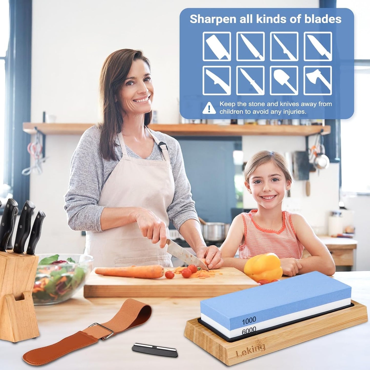 Leking Professional Knife Sharpener & Sharpening Stone Set: 1000/6000 Grit Dual-Sided Whetstone(7"x2.4"x1.2") with Bamboo Base, Non-Slip Silicone Holder, Angle Guide & Leather Strop Kit