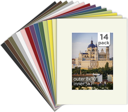 Egofine 14 Packs Picture Frame Mats, 8x10 Picture Mats for 5x7 Photos, Acid-Free Mixed Colors Pre-Cut Photo Board for Photos, Prints, Artworks