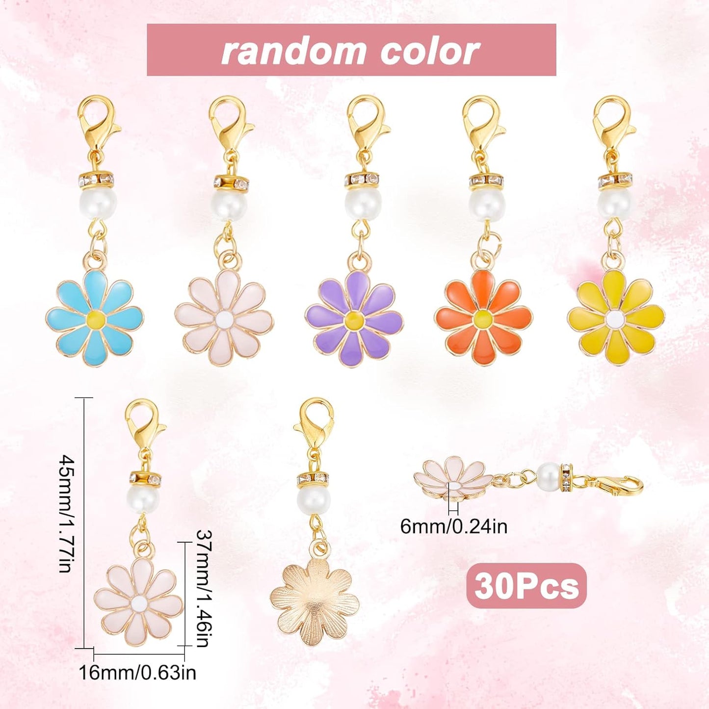SUNNYCLUE 1 Box 30Pcs Stitch Markers Crochet Stitch Marker Daisy Flower Charms Pearl Beads Zipper Pull Clip On Removable Lobster Claw Clasp Charm Locking Knitting Markers for Weaving Sewing Quilting