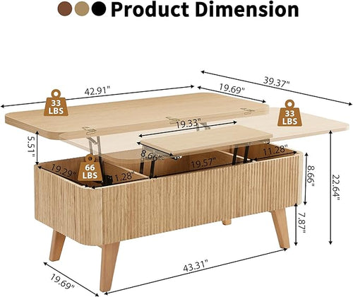 3 in 1 Lift Top Coffee Table, Fluted Convertible Coffee Tables Converts to - Image 2
