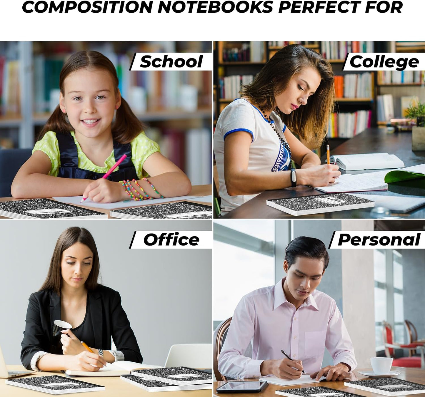 Rosmonde 50 Pack Bulk Composition Notebooks College Ruled, 200 Pages (100 Sheets), 9-3/4 x 7-1/2, Black Marble Hard Cover, Bulk School Supplies, Bulk Notebooks for School, Bulk College Ruled Notebook