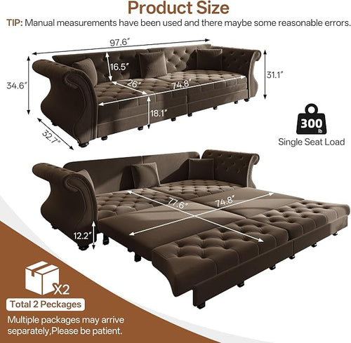 97.6" Oversized Pull Out Sofa Bed, Chesterfield Velvet Sleeper Sofa Couch - Image 2