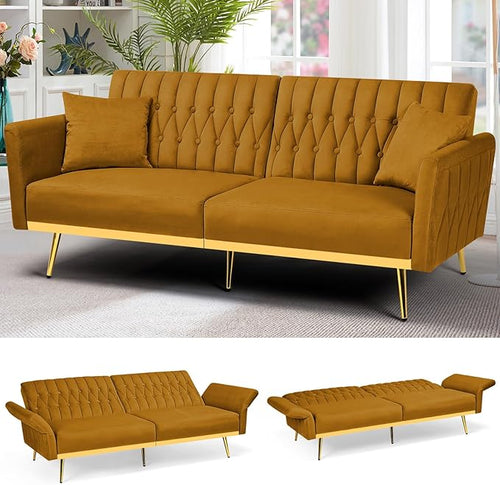 70” Velvet Futon Sofa Bed with 2 Pillows and Adjustable Armrests, Convertible by ACMEASE