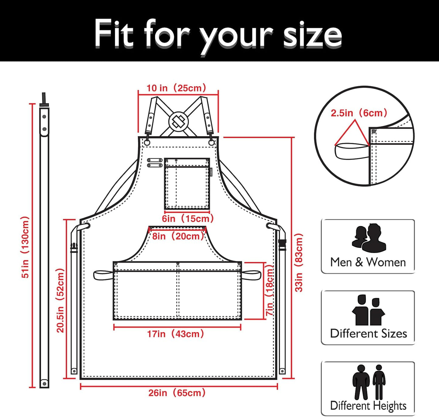 Kitchen Apron, Work Apron, Canvas, Multiple Pockets, Gardening, Painting, BBQ, Artist, Carpenter, Sizes M to XXL, Black