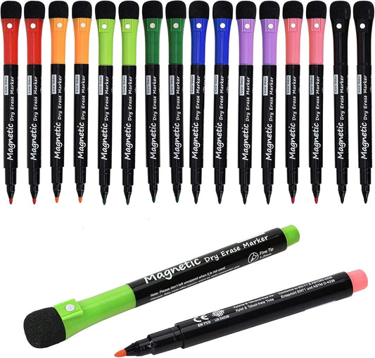 Browill Magnetic Dry Erase Markers, Fine Tip Low Odor Whiteboard Markers for Kids & School, Work On White board & Calendar, Refrigerator (16 Pack)