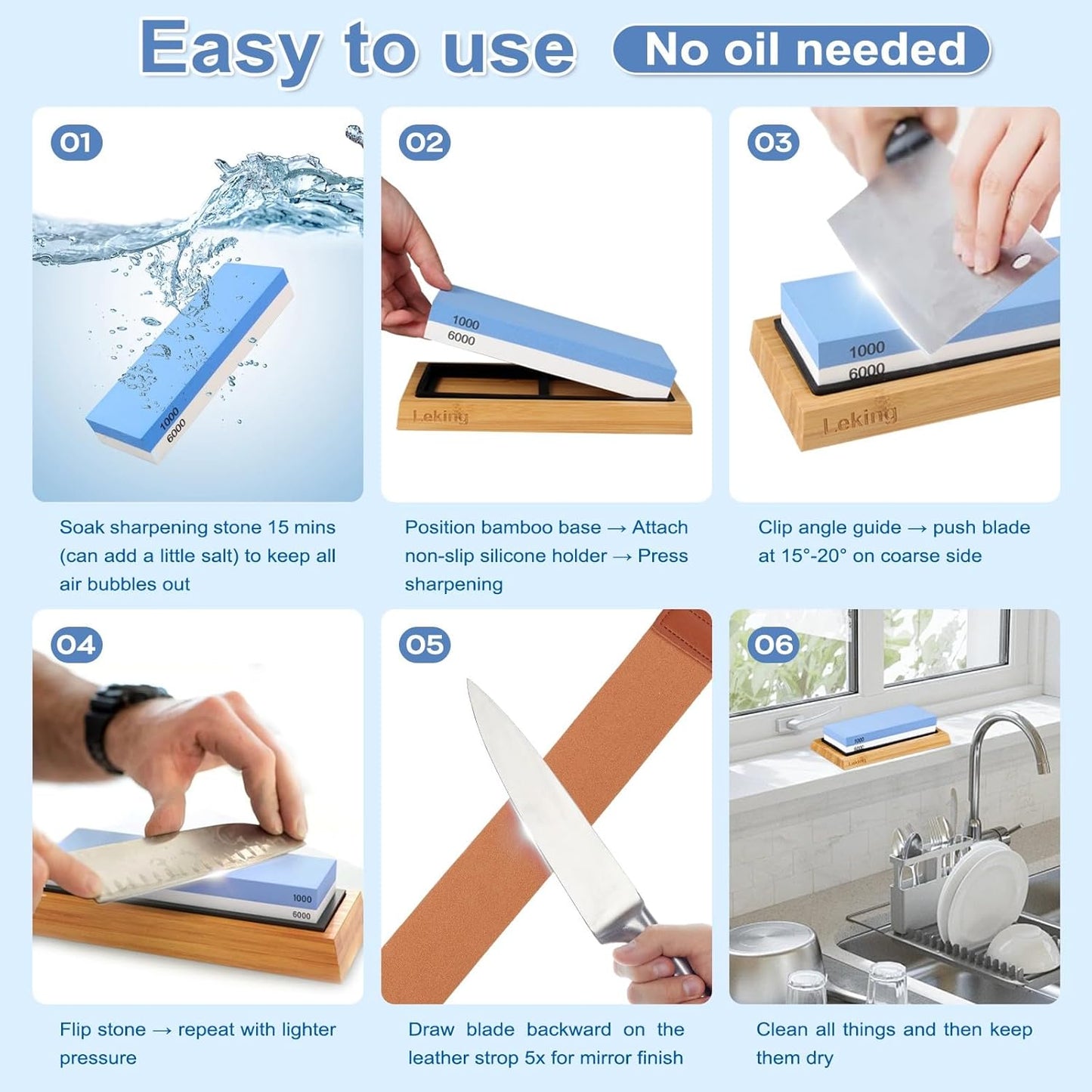 Leking Professional Knife Sharpener & Sharpening Stone Set: 1000/6000 Grit Dual-Sided Whetstone(7"x2.4"x1.2") with Bamboo Base, Non-Slip Silicone Holder, Angle Guide & Leather Strop Kit