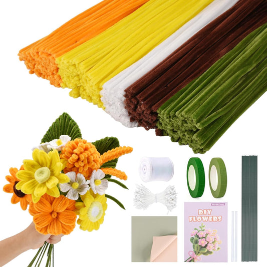 Pipe Cleaners Craft, 400pcs Pipe Cleaners with Flower Stems, Floral Tape, Ribbon, for Flower Bouquet DIY-Sunflower