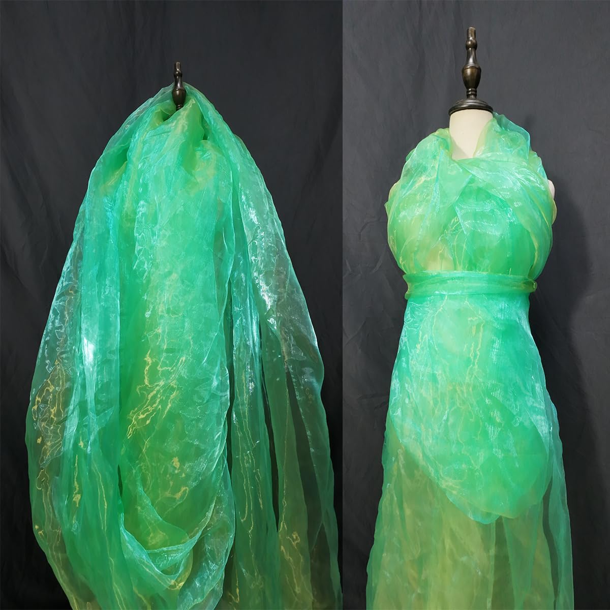 Two-Tone Iridescent Holographic Organza Fabric - 5.5 Yards by The Yard | Lightweight Sheer Tulle | for Wedding Dresses, Party Decor, DIY Crafts, Shiny Backdrops(Grass Green + hint of Yellow)