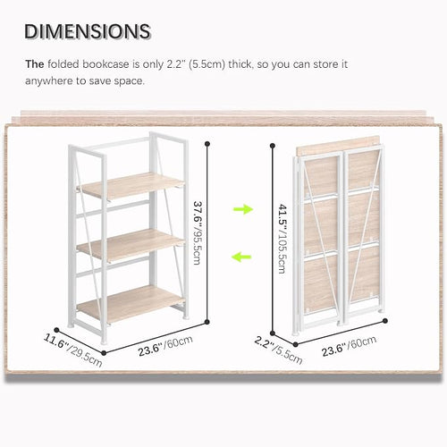 4NM No Assembly Folding Bookshelf Storage Shelves 3 Tiers Vintage Bookcase - Image 2