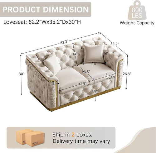 62.2" Luxury Velvet Chesterfield Sofa Tufted Victorian Black and Gold Couch - Image 2