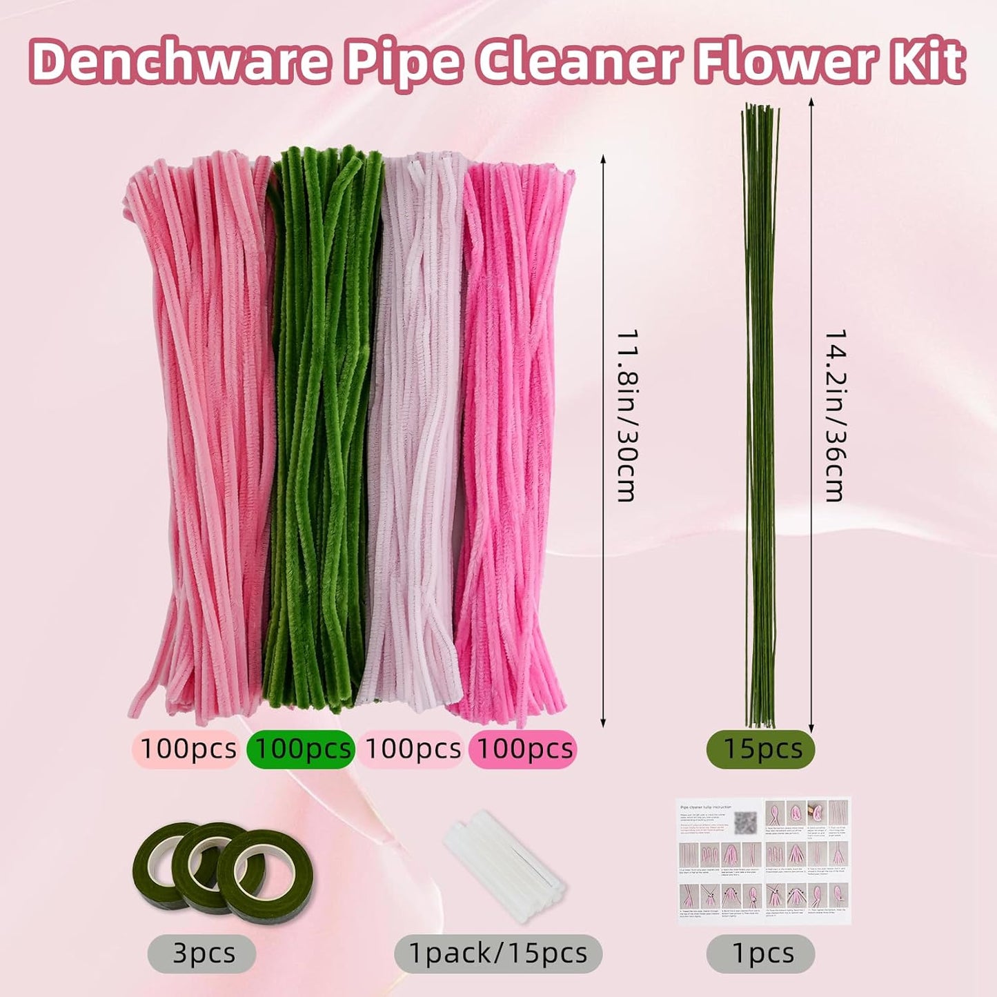 400 Pcs Thick Pipe Cleaners Craft,4 Assorted Colors Pipe Cleaners Bulk,Chenille Stems for DIY Art Project,Pipe Cleaner Flowers Kit(Pink)