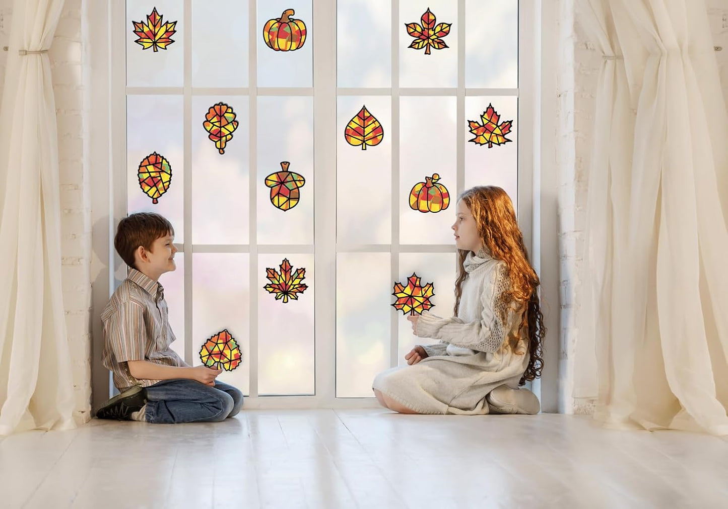 Renbuzhu 40PCS Fall Crafts Bulk: Leaves Pumpkins Paper Suncatchers DIY Kit for Autumn Thanksgiving Activities Decorations, Window Stained Glass Effect Art Supplies(Black Frame)