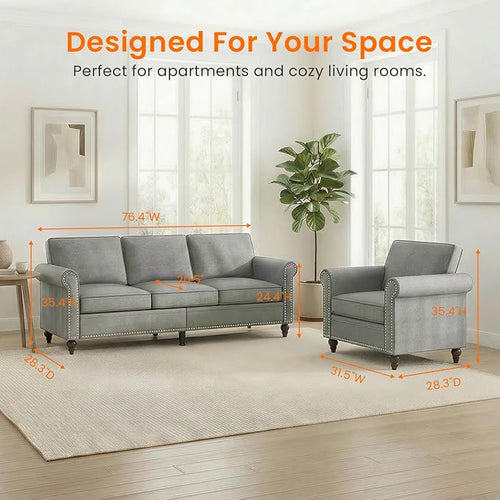 2 Piece Living Room Sofa Sets, Modern 3 Seater Couch and Armchair Sets - Image 2