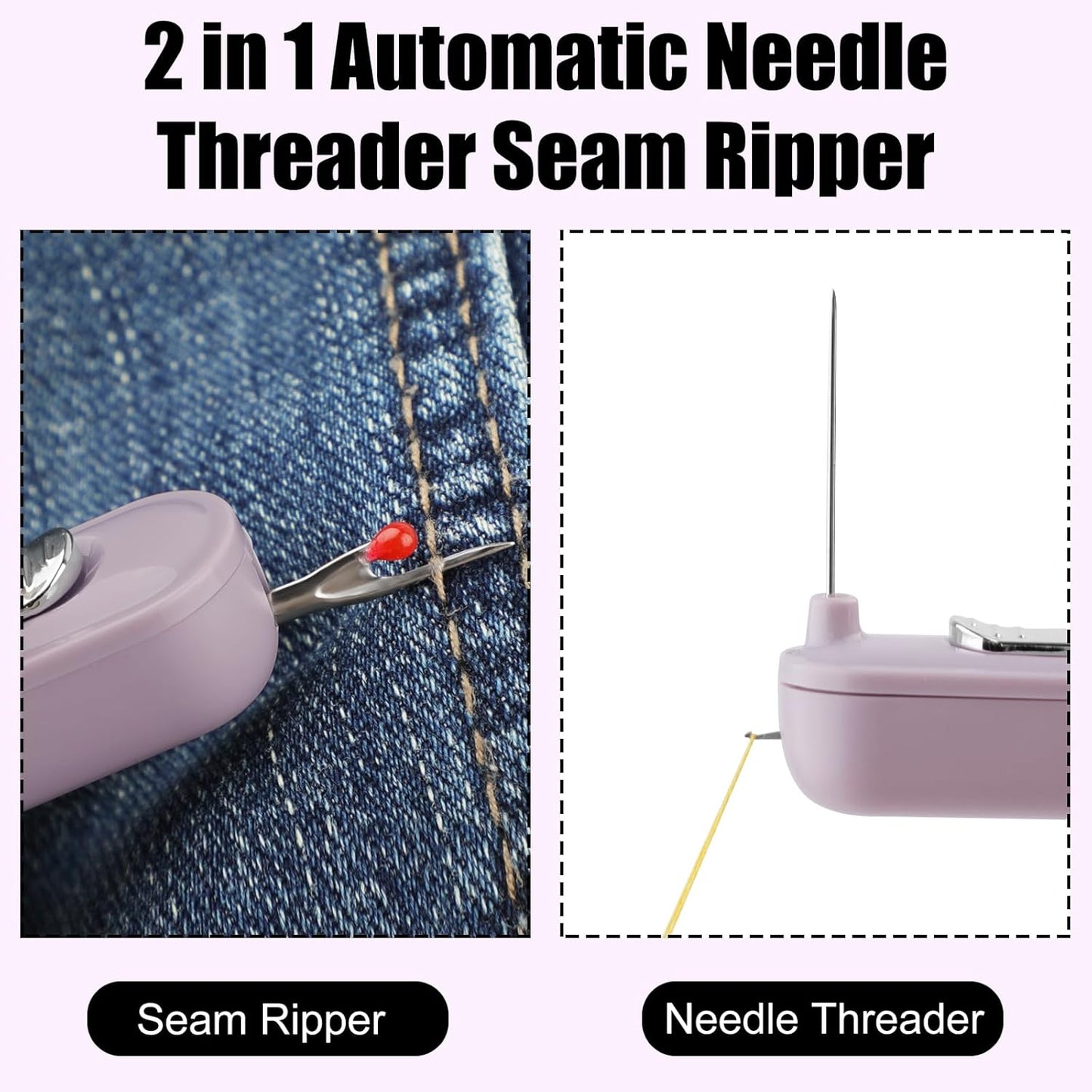 Needle Threaders, 2 in 1 Plug-in Needle Threader Seam Ripper Tool, Automatic Stretchable Seam Rippers for Sewing, Hand Quilling Supplies,Embroidery Stitch Removal (Purple/Green)