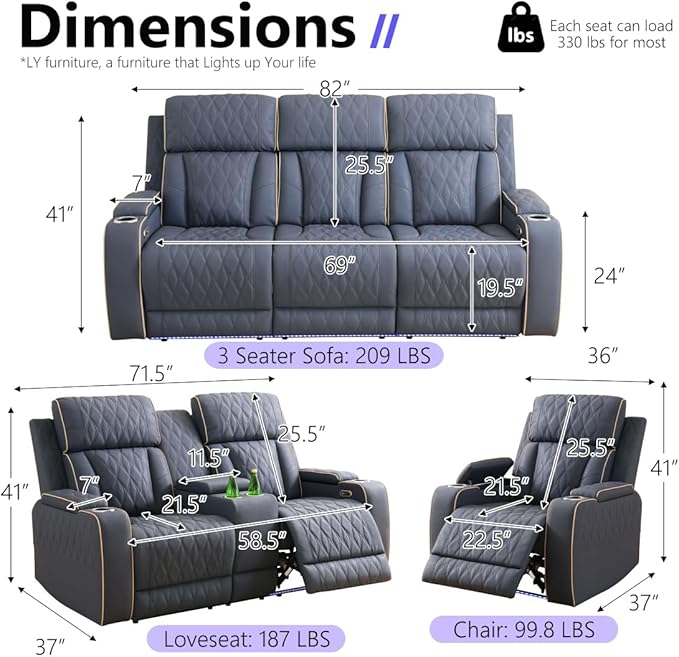 Power Recliner Sofa Set, Luxury Recliner Sofa & 2 Chairs - Image 2