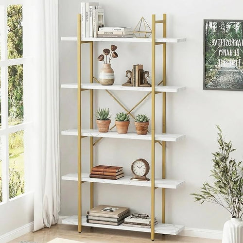 5 Tiers Bookshelf Organizer White Faux Marble Shelf, Modern Open Display by EternalHome