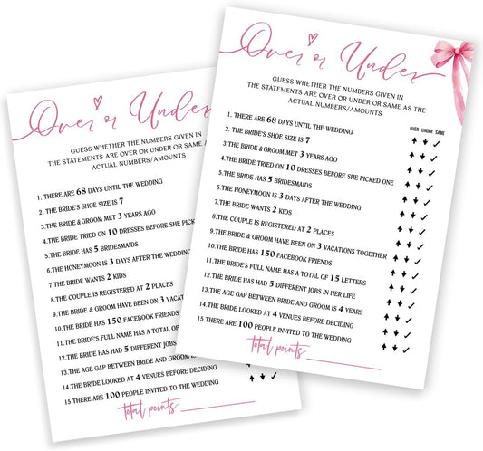 Bridal Shower Games Cards, Guess Over or Under, Bridal Shower Games 25 Guests, Engagement Party Wedding Games for Guests, Pink Ribbon Bow Wedding Party Supplies - E13