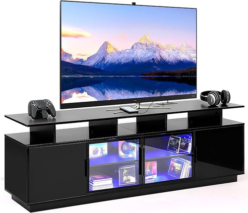 70 Inch Black TV Stand for Living Room, LED Entertainment Center for Gaming by ansefe