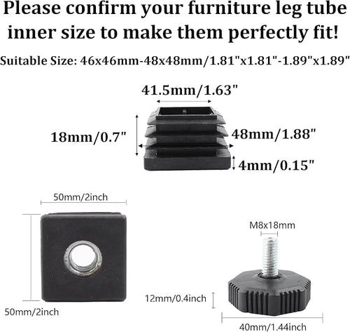 8Pcs Adjustable Leveling Feet 50 x 50mm Square Insert Kit Furniture Glide - Image 2