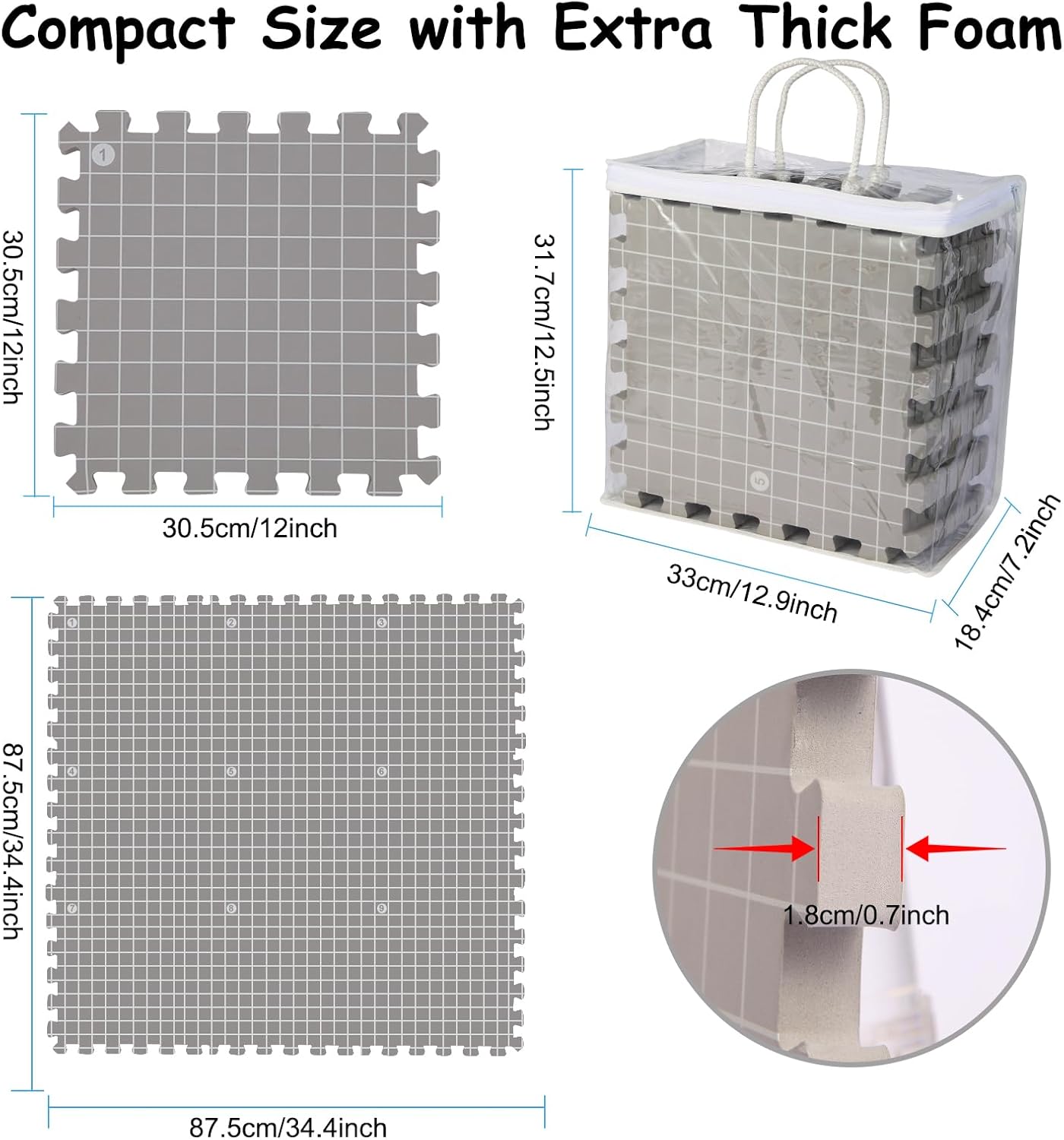 MEVOME Blocking Mats for Knitting with 20pcs Knitting Blockers 200 T-pins 104 Locking Stitch Markers, Extra Thick Block Boards with Grids Storage Bag for Needlepoint Crochet - Pack of 9 (Gray)