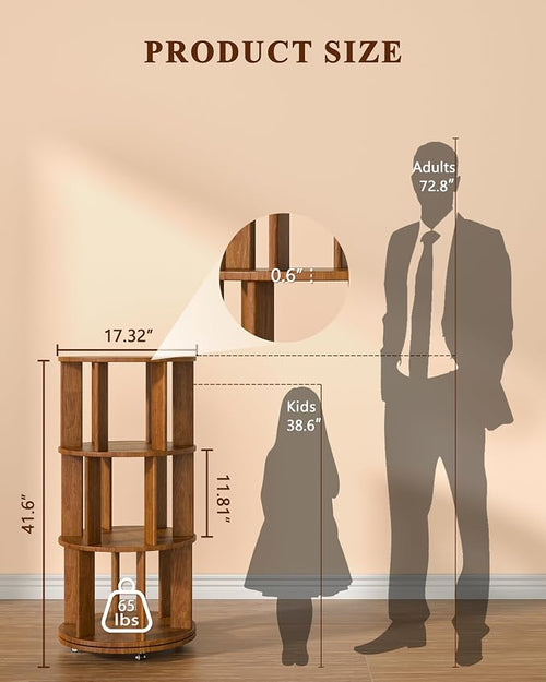 3-Tier Solid Wood Rotating Bookshelf on Wheels, 360° Spinning Book Shelf Tower - Image 2