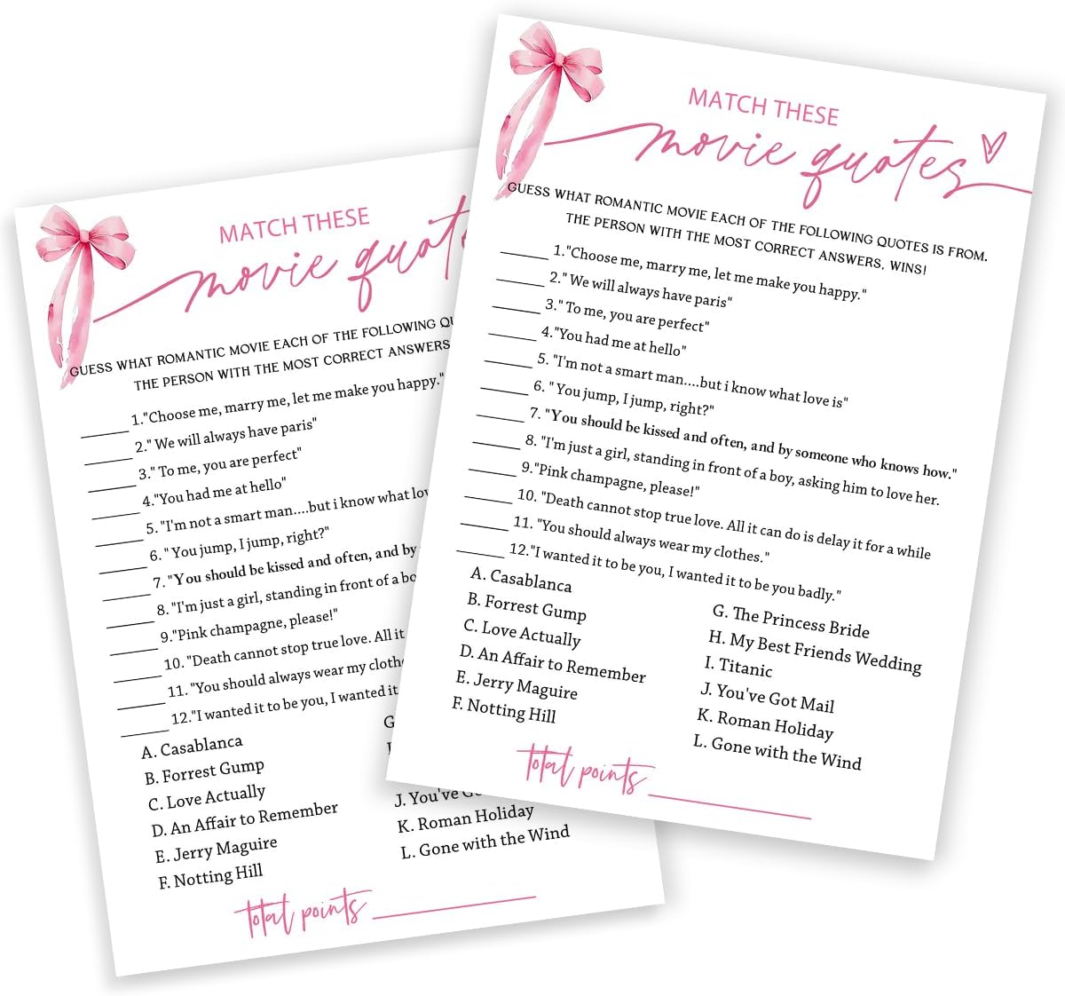 Bridal Shower Games Cards, Match These Movie Quotes, 25 Cards with 1 Answer Card, Engagement Party Games for Guests, Pink Ribbon Bow Wedding Party Supplies - E09