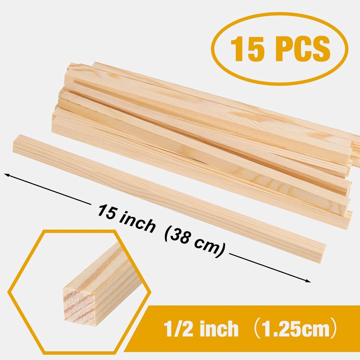Square Wooden Dowels, Wooden Sticks for Crafts, 15 PCS 1/2" x 15" Square Wood Dowel Rods for Crafting, Unfinished Pine Hardwood Sticks for Woodworking Models Making Dollhouses Miniatures