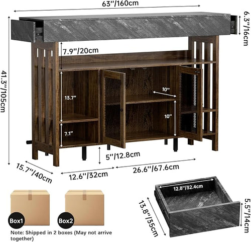 4-Tier Home Bar Unit, 63-Inch Wooden & Dark Gray Marble Bar Cabinet, LED Liquor - Image 2