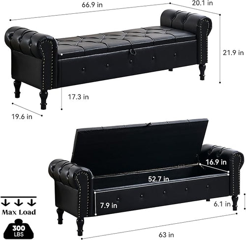 67" Storage Bench for Bedroom, End of King Size Benches - Image 2