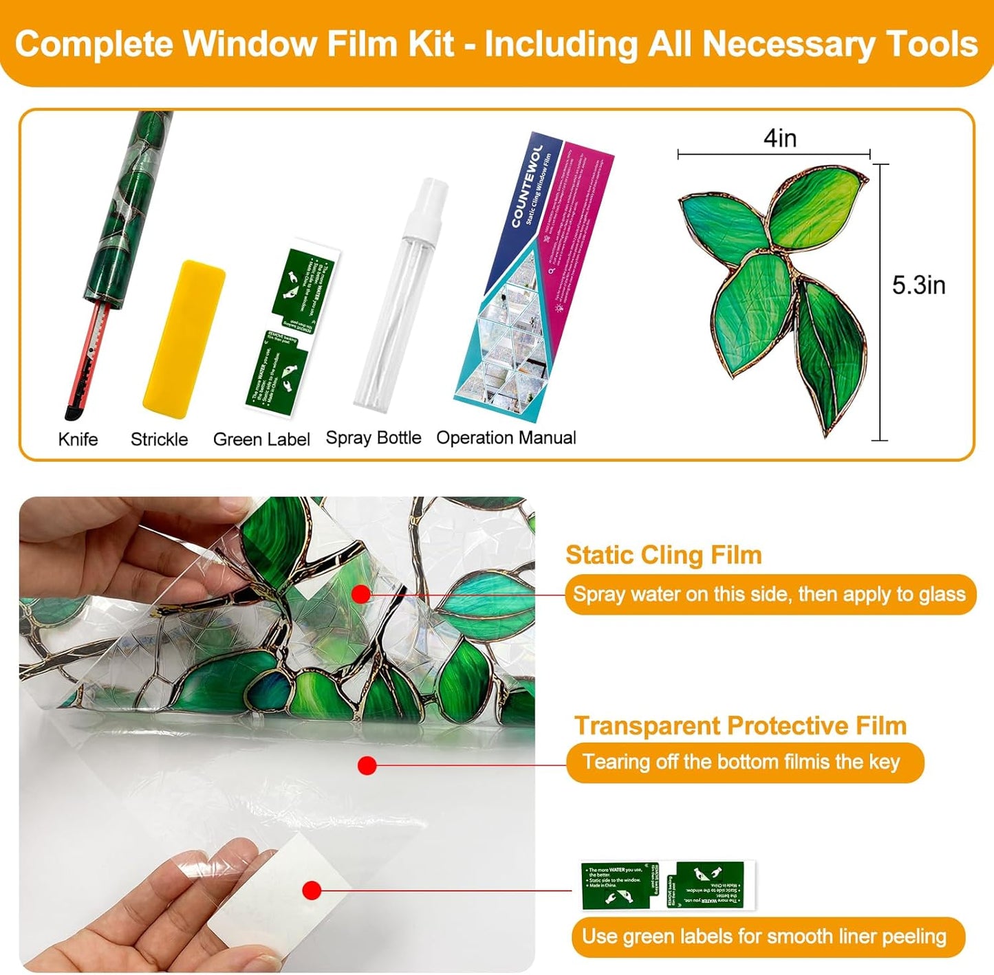 Window Privacy Film Stain Glass Window Film Rainbow Window Film Window clings Non-Adhesive Reusable Decorative for Room (Greenery Leaf, 35.4 x 78.7 in)