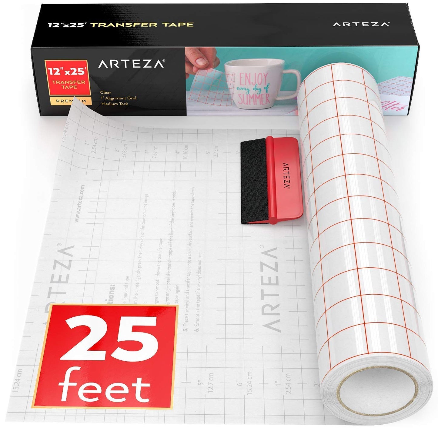 ARTEZA Ultra Clear Transfer Tape Paper with Grid & Squeegee, 12 Inch Wide x 25 Foot Long Roll, for Alignment & Transfer of Adhesive Vinyl for Decals, Signs, Walls, Windows & Smooth Surfaces