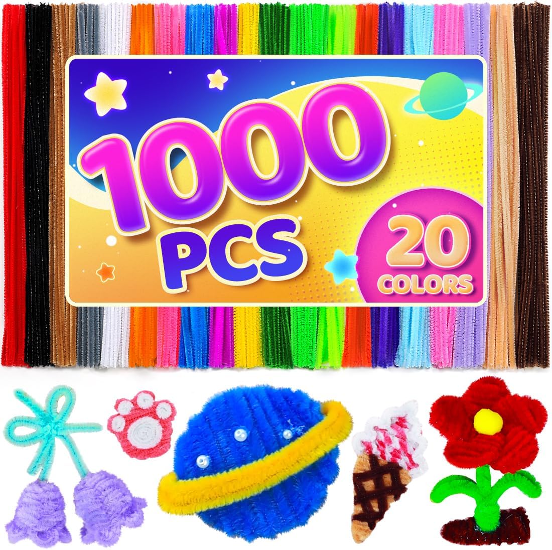 Eppingwin 1000pcs Pipe Cleaners, Multi Colored Pipe Cleaners Craft Supplies, 20 Colors Chenille Stems for DIY Arts Crafts Project (Multi-Colored)