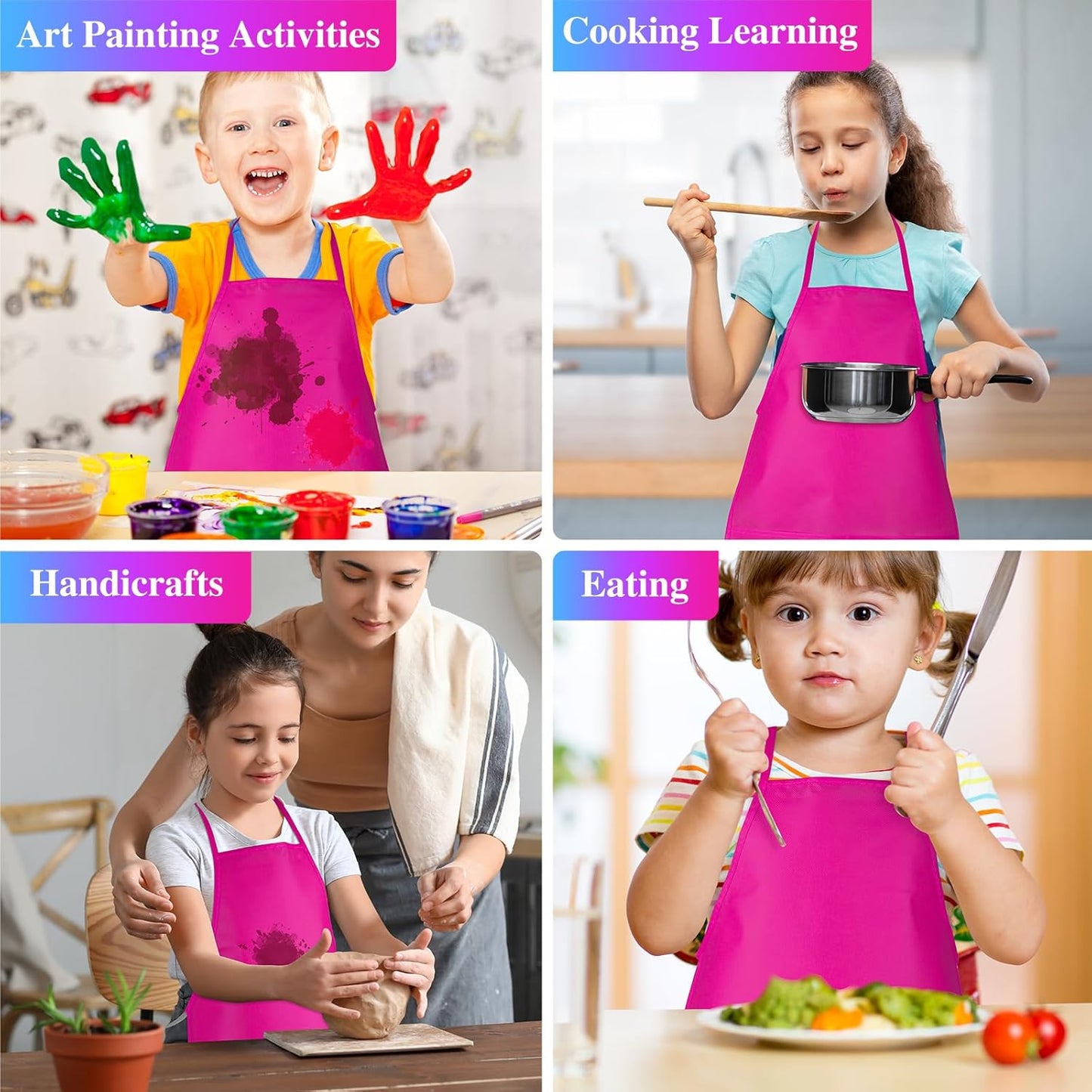 24 Pieces Rose Red Kids Painting Aprons With 2 Roomy Pockets for Art, Painting Activity, Kitchen Crafts