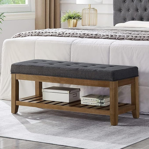 24KF Large Rectangular Upholstered Tufted Linen Fabric Ottoman Bench, Padded by WEMARTHOMEDECOR
