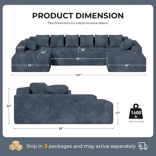 131'' Modular Sectional Cloud Sofa, U-Shaped Boneless Couches - Image 2