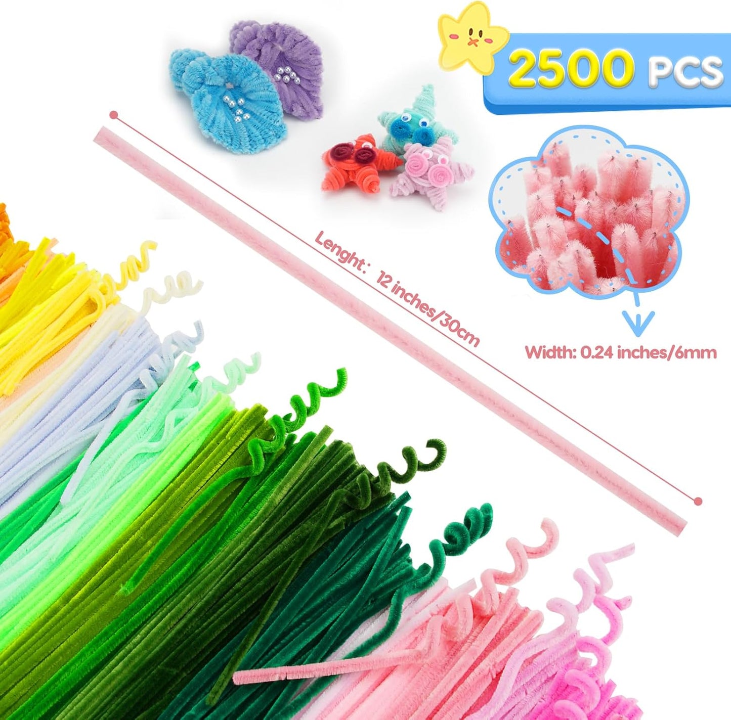 2500PCS Pipe Cleaners Craft, Pipe Cleaners Bulk for Arts and Crafts Supplies Multi-Color Chenille Stems DIY Project Room Decor,Christmas Decorations Creative Toys Gift (12inch*6mm,50colors)